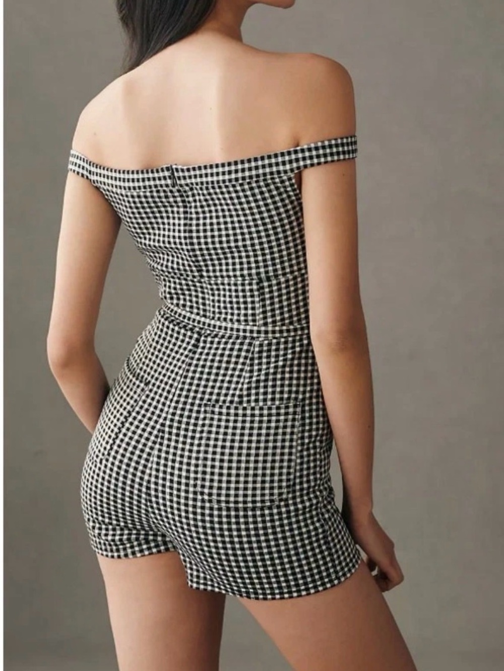 Maeve Anthropologie Off Shoulder Gingham Romper Black White Belted Size 00